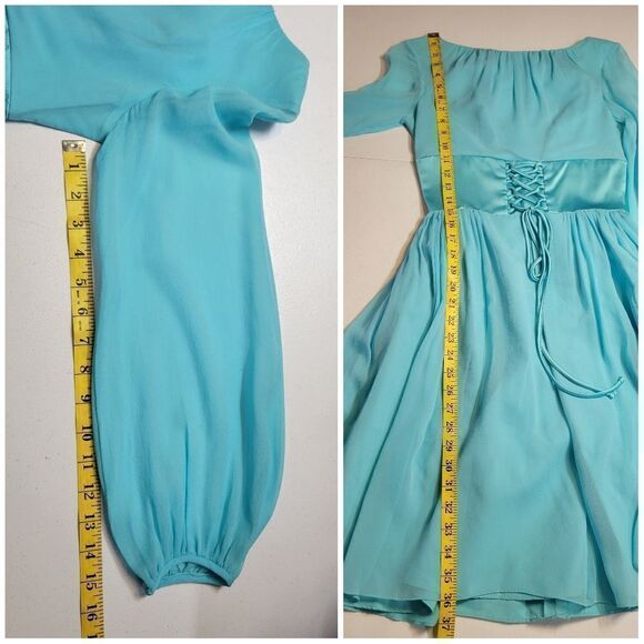 Vintage 60s Bright Blue Fairycore Midi Dress Corset Bodice Long Sleeves Chiffon - Picture 12 of 13